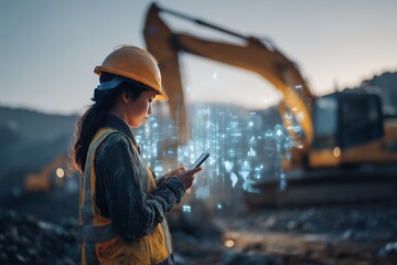 Female construction worker using smartphone with digital overlay near excavation machinery during dusk. Concept for infrastructure management, construction technology and site monitoring