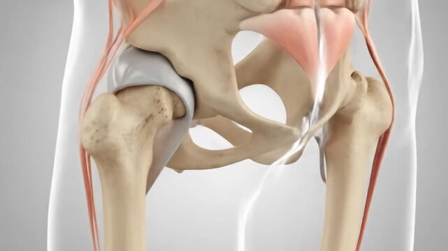 Detailed 3D rendering of the human hip joint and surrounding bones, ligaments, and muscles.