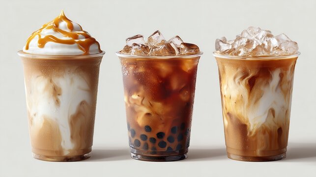 Three plastic cups featuring iced coffee variations, including boba, whipped cream and caramel drizzle, against a white background, concept for cafe menu design, social media marketing and drink