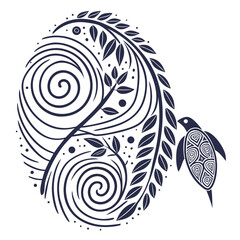 Stylized turtle swimming near a swirling plant design