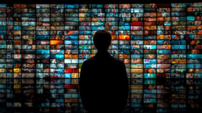 Silhouette of a person standing in front of a wall filled with screens showing various content, concept for media consumption, digital overload and visual communication