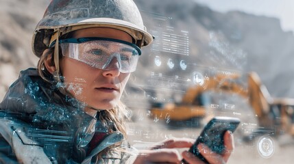 Female engineer using a smartphone with HUD overlay on quarry background and excavator, concept for construction planning, mine site management and industrial technology integration