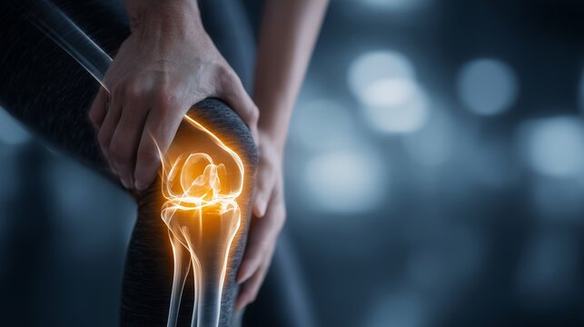 Close-up of a person's hand holding their knee with pain radiating from the joint, concept for medical illustration, physiotherapy and sports injuries