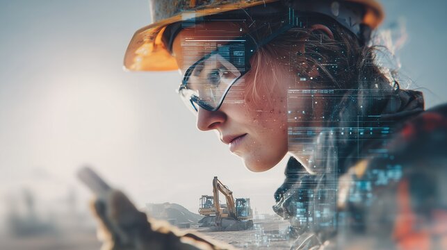 Focused female construction worker oversees site with digital data overlay and excavator in background. Concept for technological progress, project management and safety regulations in construction