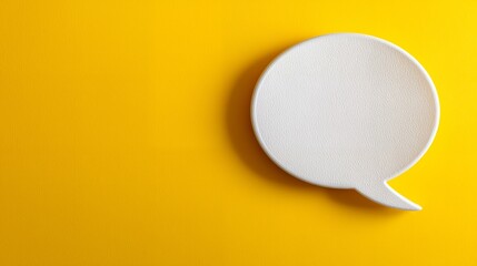 Close-up of a white speech bubble icon on a vibrant yellow background with ample copy space, concept for online communication, user feedback and creative presentations