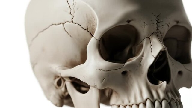 Close-up of a human skull with visible cracks on the side, highlighting anatomical details and potential trauma.