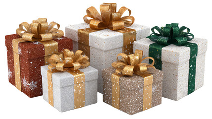 Christmas gift boxes with satin bows isolated on transparent background high resolution png festive present pile for holiday design greeting cards web banners ecommerce mockups and clipart