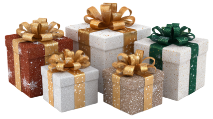 Christmas gift boxes with satin bows isolated on transparent background high resolution png festive present pile for holiday design greeting cards web banners ecommerce mockups and clipart