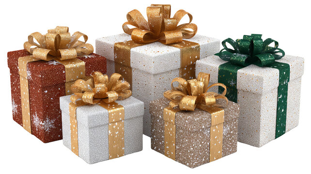 Christmas gift boxes with satin bows isolated on transparent background high resolution png festive present pile for holiday design greeting cards web banners ecommerce mockups and clipart