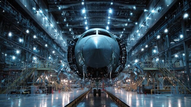 Aircraft Manufacturing Facility Interior with Advanced Production Technology and Illumination