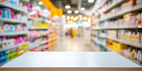 Fototapeta premium Empty white countertop with blurred supermarket aisle shelves background, concept for product display, retail advertisement and promoting new merchandise