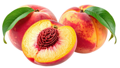 Two ripe peaches, one halved, showcasing juicy flesh