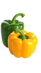 Two bell peppers, one green, one yellow, close-up