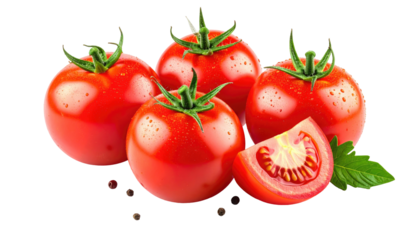 Four plump red tomatoes, one sliced, surrounded by peppercorns and a basil leaf