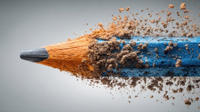 Close-up of a Blue Pencil Shattering with Wood Shavings and Dust in an Artistic Presentation Displaying Creativity and Imagination