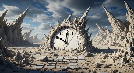 Surreal Clockface Erupting From Alien Landscape