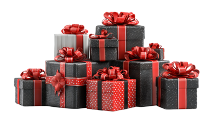 Stack of elegantly wrapped gifts in red and black boxes with satin ribbons isolated on white high resolution transparent png cutout festive present packaging mockup for holiday cards ecommerce