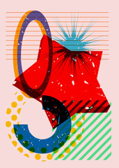 Risograph Star with geometric shapes. Objects in trendy riso graph print texture style design with geometry elements.