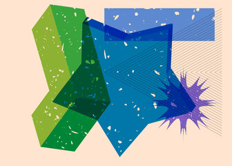 Risograph Star with geometric shapes. Objects in trendy riso graph print texture style design with geometry elements.