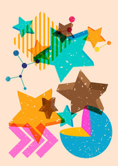 Risograph Star with geometric shapes. Objects in trendy riso graph print texture style design with geometry elements.