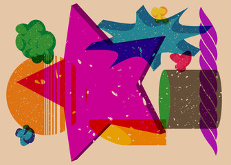 Risograph Star with geometric shapes. Objects in trendy riso graph print texture style design with geometry elements.
