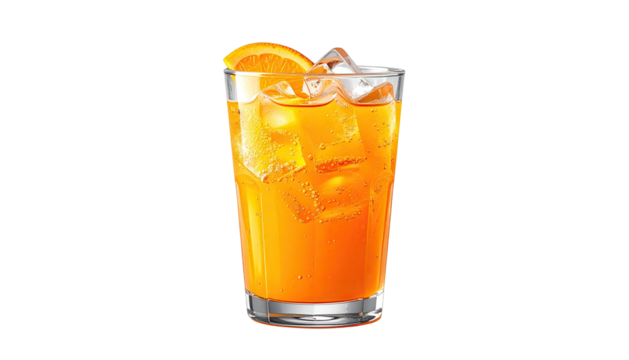 Tall glass of orange-colored cocktail. Ice cubes, and an orange slice float on top. Clear glass. Bright, vibrant colors