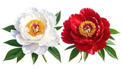 Two vibrant peonies, one white and one red,  displaying intricate detail