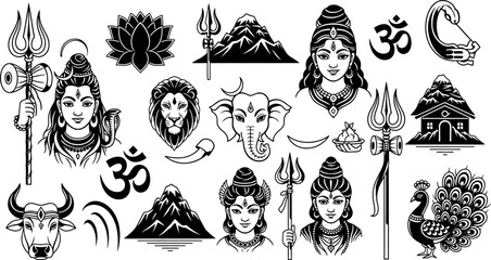 Hindu Deities and Symbols Collection Black and White Graphics