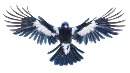 A magpie with black and white plumage is captured midflight, its wings fully extended against an isolated on transparent background, showcasing its elegant form