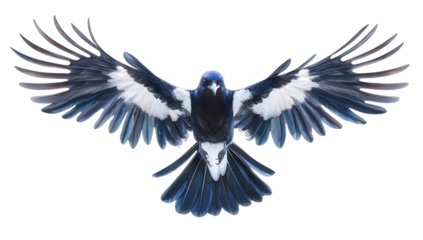 A magpie with black and white plumage is captured midflight, its wings fully extended against an isolated on transparent background, showcasing its elegant form
