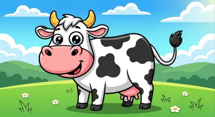 Cheerful Cow in Meadow: A delightful cartoon cow with a cheerful expression stands in a vibrant meadow, capturing the essence of rural charm.