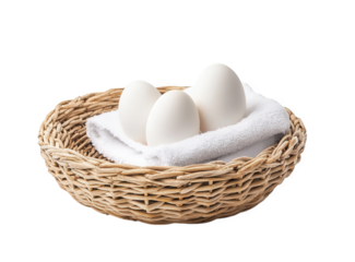 Three white eggs nestled in a woven basket on a soft white towel, isolated on transparent background, creating a simple and elegant composition