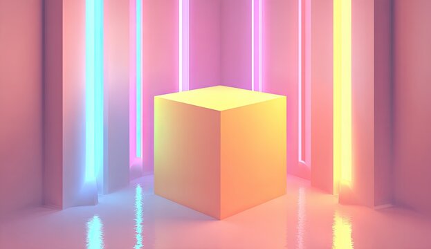Empty cube display platform bathed in vibrant neon light.