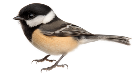 A delightful blackcapped chickadee stands gracefully, its petite form and distinctive markings showcased against an isolated on transparent background, highlighting its charm