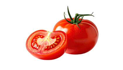 Close-up of a whole and halved tomato.  Vibrant red, ripe tomato with green stem