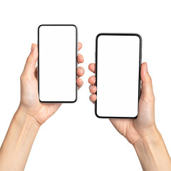 Two blank smartphones held in hands