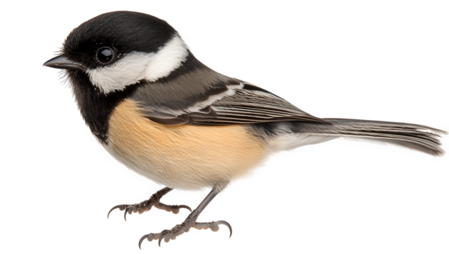A delightful blackcapped chickadee stands gracefully, its petite form and distinctive markings showcased against an isolated on transparent background, highlighting its charm
