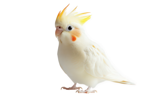 A charming cockatiel isolated on transparent background, showcasing its vibrant yellow crest, delicate white plumage, and endearing orange cheek patches in a captivating pose