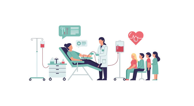 Blood donation process with medical staff and donors waiting in line illustration - Powered by Adobe