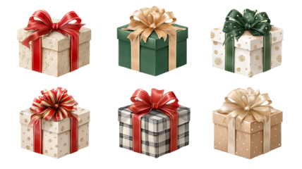 Collection of wrapped gift boxes with colorful ribbons and bows festive holiday presents isolated on transparent background png for product mockups greeting cards web banners and retail promotions
