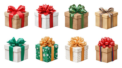 Fototapeta premium Collection of wrapped gift boxes with colorful ribbons and bows festive holiday presents isolated on transparent background png for product mockups greeting cards web banners and retail promotions 