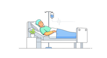 Patient resting in hospital bed with iv drip illustration showcases recovery