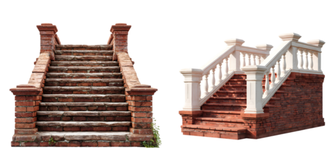 Set of two old architectural staircases made of brick and stone isolated on a white background.