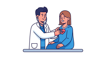 Checking heart health with stethoscope, doctor examining patient cartoon style medical