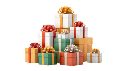 Colorful gift boxes stacked in a pyramid with ribbon bows high resolution isolated on clean background festive present tower for holiday gifting product mockups greeting cards web banners