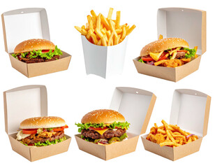 Fast food assortment in cardboard containers.  French fries and burgers