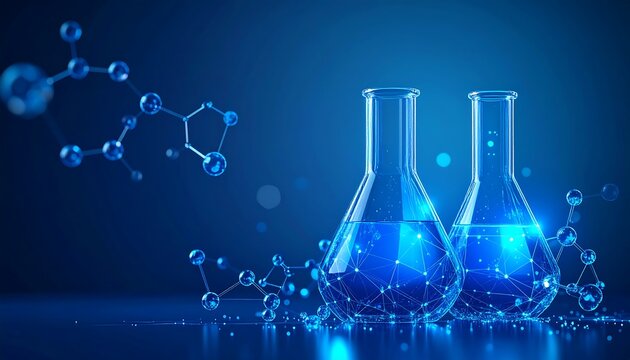 Scientific glassware with molecular structures - Powered by Adobe