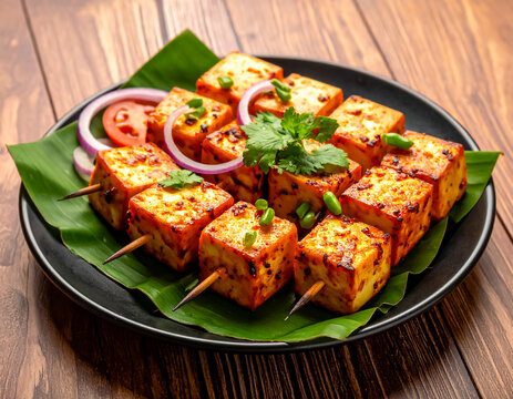 Delicious and Spicy grilled Paneer Tikka Kebabs served in a banana leaf, Mouthwatering Indian Appetizer with Lemon, and Sliced Onions. Close up view of panner tikka.