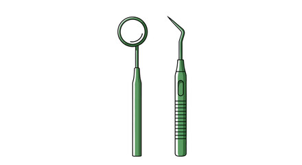 Minimalist illustration of dental examination instruments with mirror and probe on a white