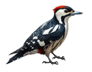 Obraz premium A striking great spotted woodpecker isolated on transparent background, displaying its bold black and white plumage, vibrant red cap, and strong beak in a dynamic stance